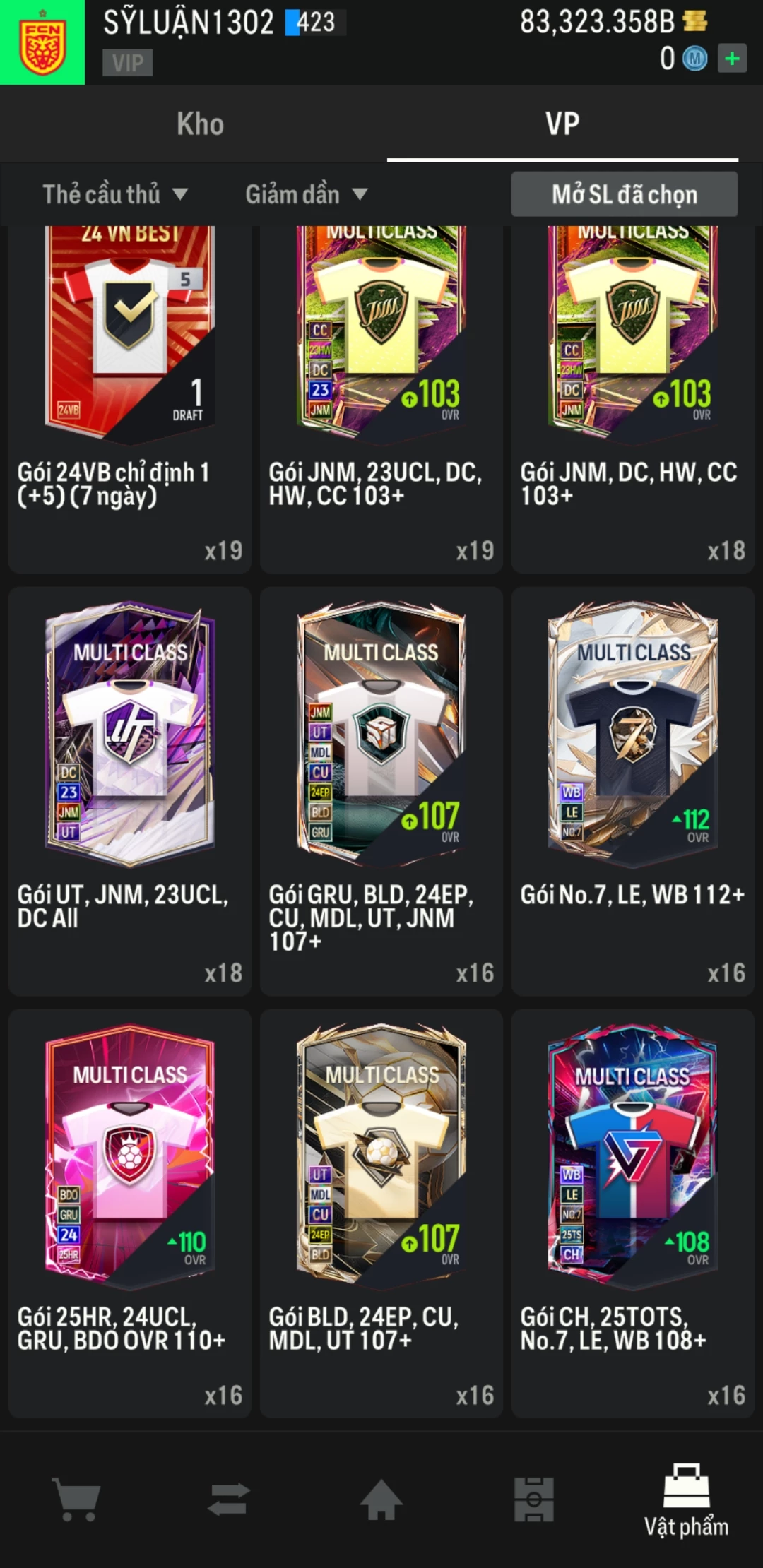 Ảnh ACC mở thẻ (LOẠI SVIP PROMAX) bao gồm có 01 thẻ +12, 03 thẻ PRIME (QH+, CP+, XS+) và hơn 1600+ đến 3500+ thẻ cầu thủ từ Siêu sao đến Miền núi các loại. Acc có sẵn BP trắng từ 55.000 tỷ BP đến 90.000 tỷ BP